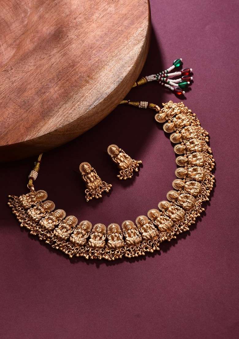 Gold Plated Artificial Beaded Temple Neckless And Earrings - Indya