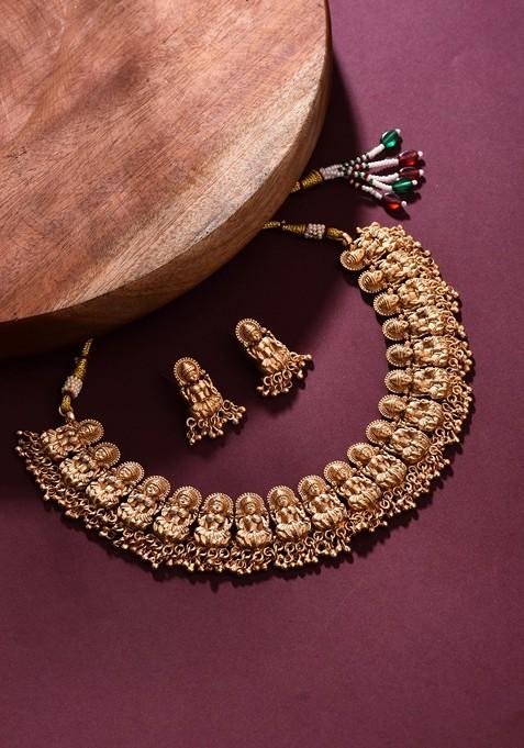 Gold Plated Artificial Beaded Temple Neckless And Earrings