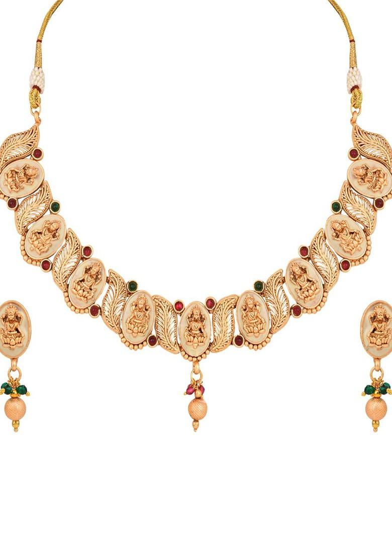 Gold Plated Stone Studded And Beaded Goddess Laxmi Necklace And Earrings