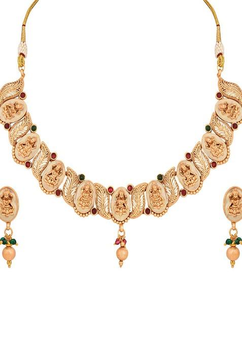 Gold Plated Stone Studded And Beaded Goddess Laxmi Necklace And Earrings