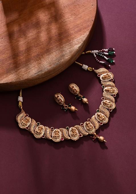 Gold Plated Stone Studded And Beaded Goddess Laxmi Necklace And Earrings