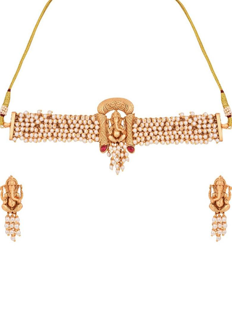 Gold Plated Artificial Stones Studded And Beaded Temple Neckless And Earrings