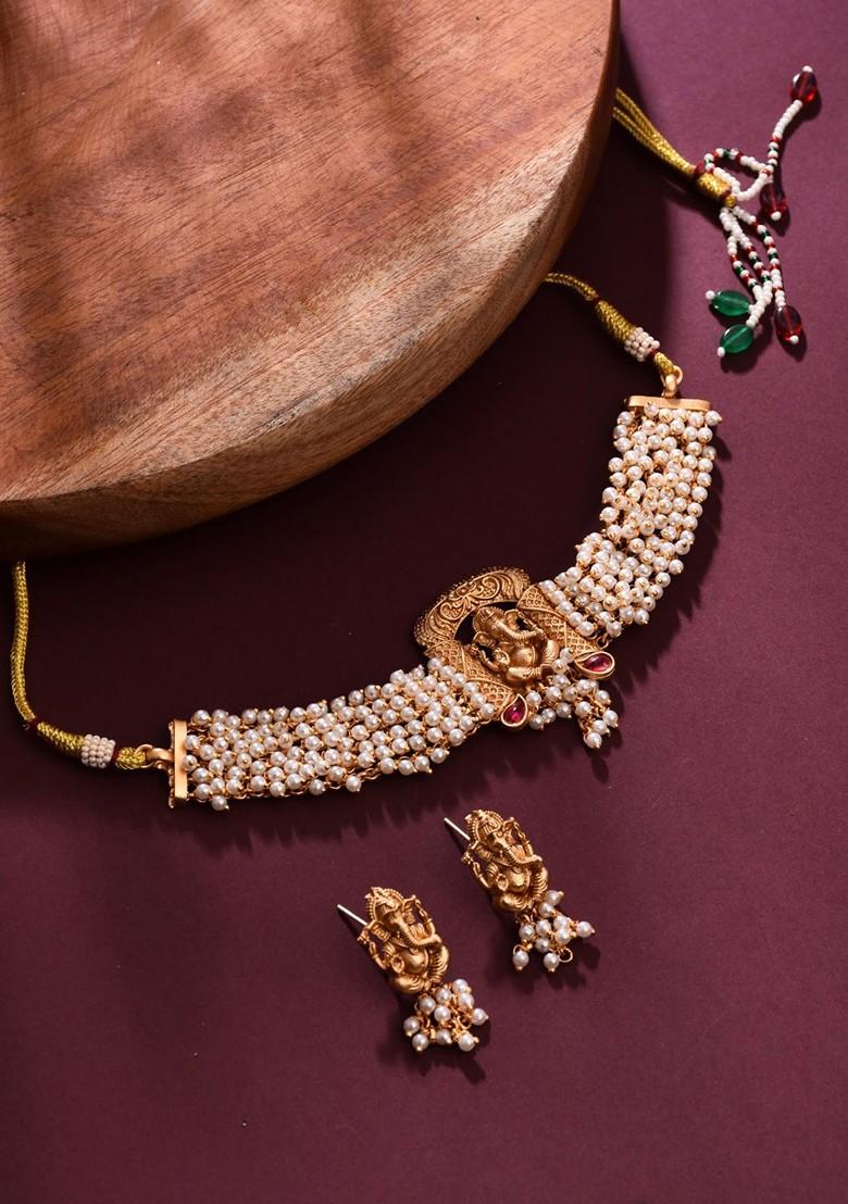 Gold Plated Artificial Stones Studded And Beaded Temple Neckless And Earrings