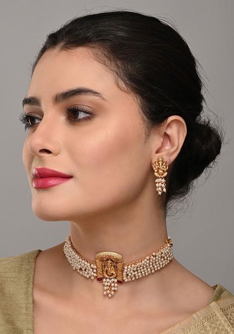 Gold Plated Artificial Stones Studded And Beaded Temple Neckless And Earrings