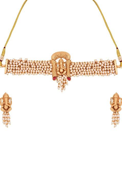 Gold Plated Artificial Stones Studded And Beaded Temple Neckless And Earrings