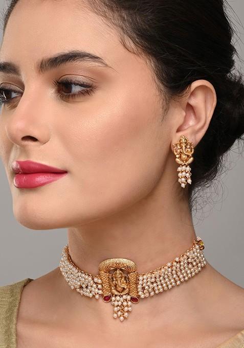 Gold Plated Artificial Stones Studded And Beaded Temple Neckless And Earrings
