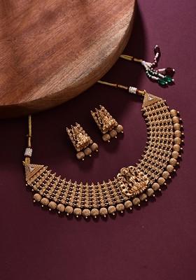 Gold Plated Artificial Beaded Temple Neckless And Earrings