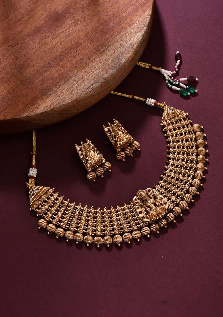 Gold Plated Artificial Beaded Temple Neckless And Earrings - Indya