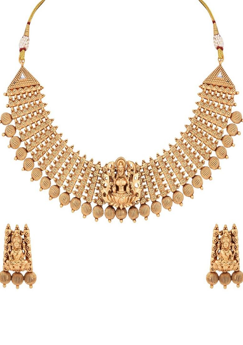 Gold Plated Artificial Beaded Temple Neckless And Earrings