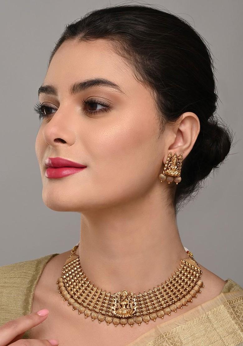 Gold Plated Artificial Beaded Temple Neckless And Earrings