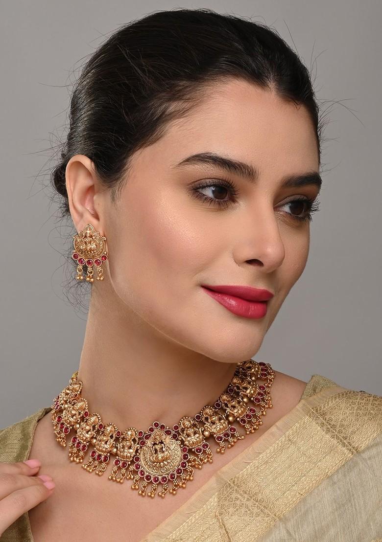 Gold Plated Artificial Stone Studded Goddess Lakshmi Temple Necklace And Earrings