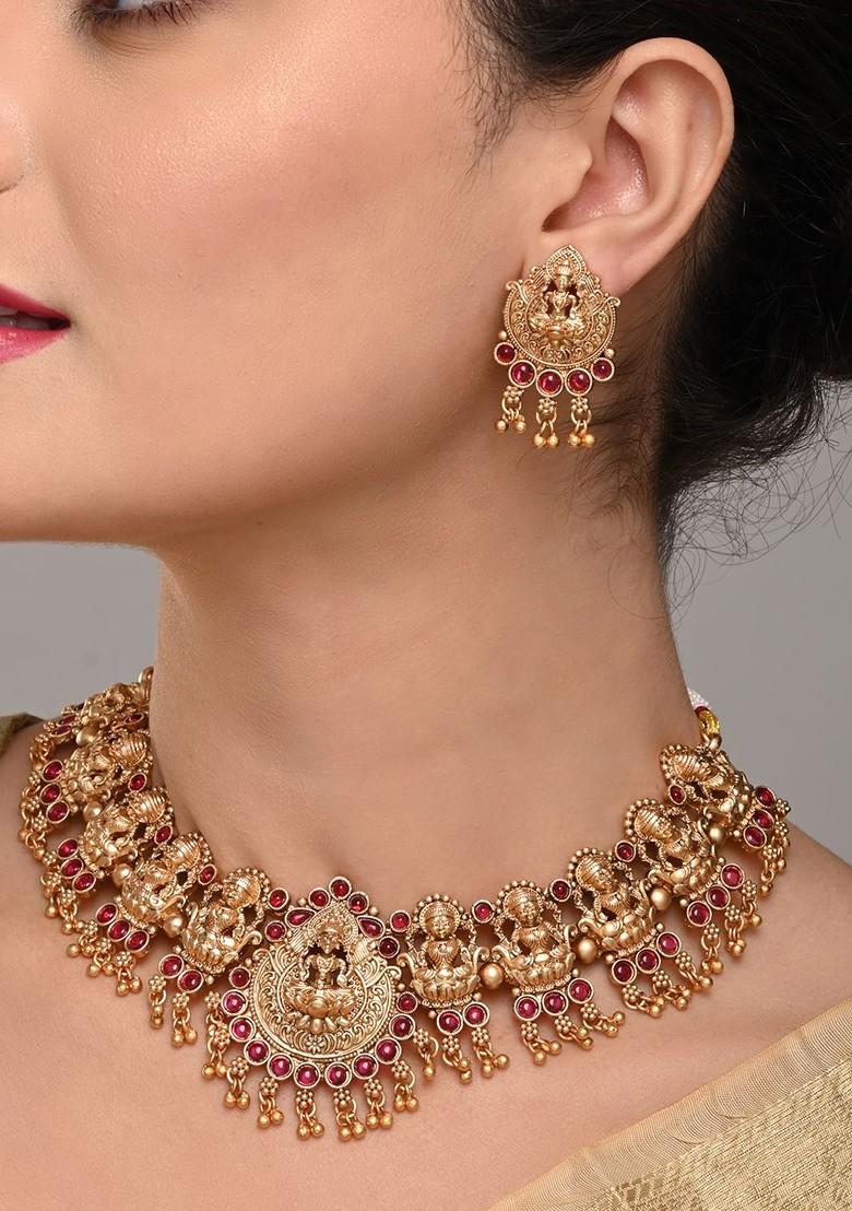 Gold Plated Artificial Stone Studded Goddess Lakshmi Temple Necklace And Earrings