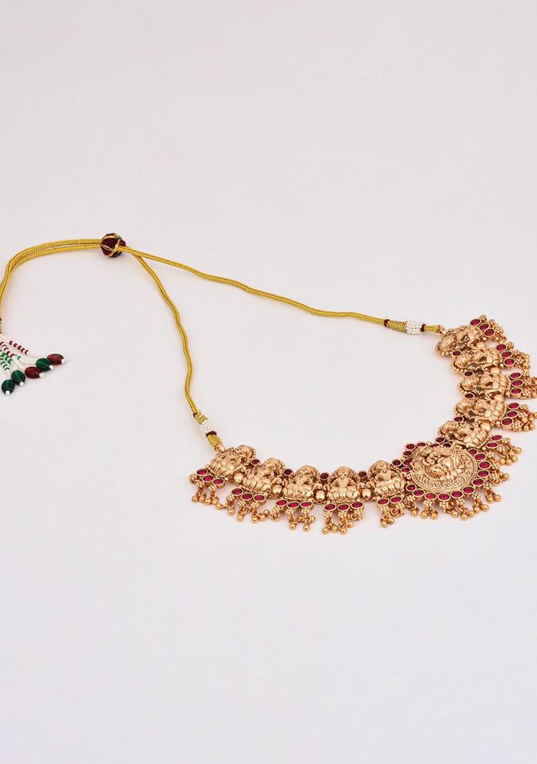 Gold Plated Artificial Stone Studded Goddess Lakshmi Temple Necklace And Earrings