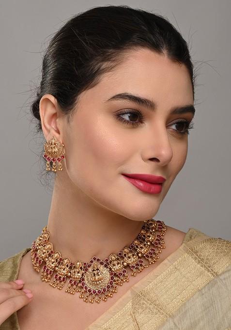 Gold Plated Artificial Stone Studded Goddess Lakshmi Temple Necklace And Earrings