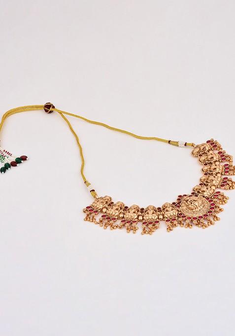 Gold Plated Artificial Stone Studded Goddess Lakshmi Temple Necklace And Earrings