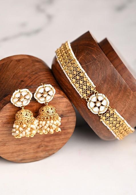 Gold Plated Kundan Studded And Beaded Jewellery Set
