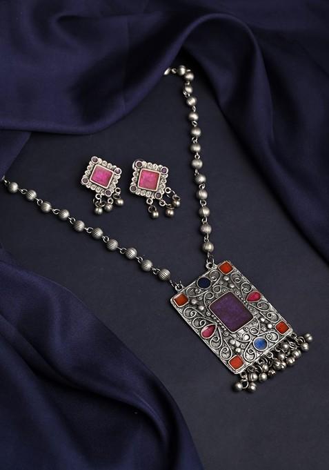 Silver Plated Kundan Studded And Beaded Jewellery Set