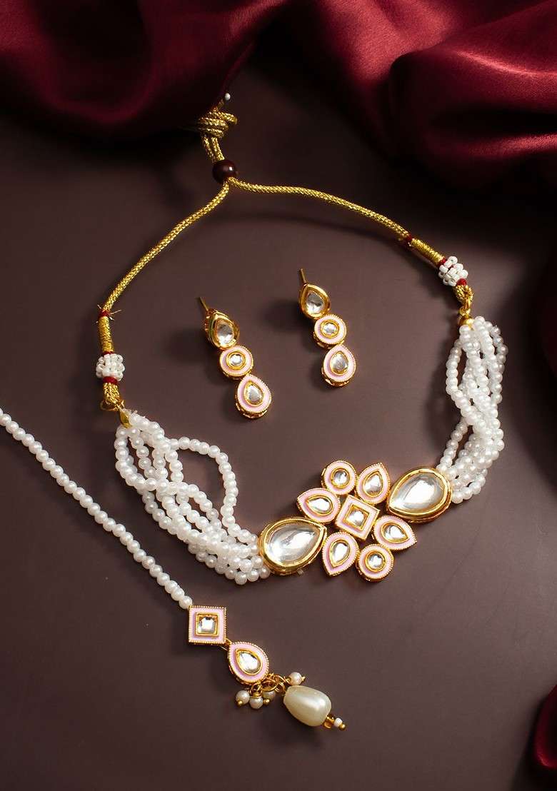 Gold Plated Kundan Stone Studded And Pearls Beaded Jewellery Set - Indya
