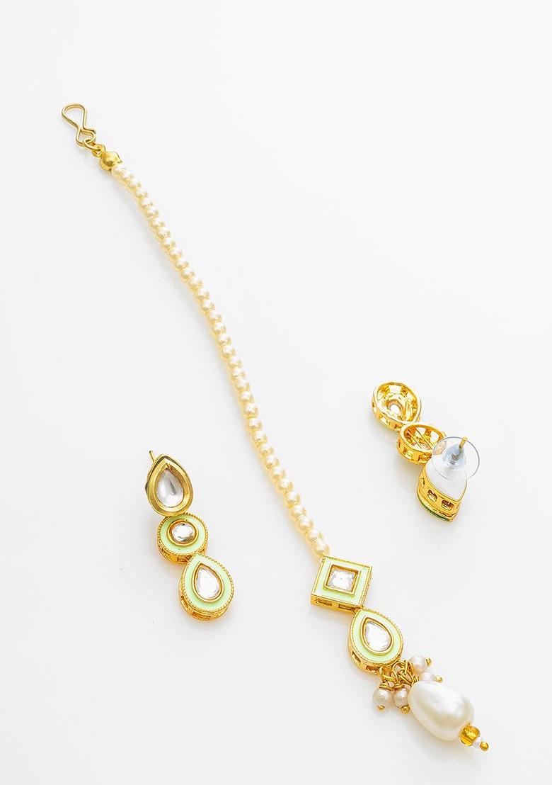 Gold Plated Kundan And Pearls Studded And Beaded Jewellery Set