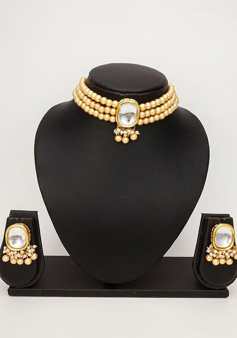 Gold Plated Artificial Stones Studded And Beaded Necklace And Earrings