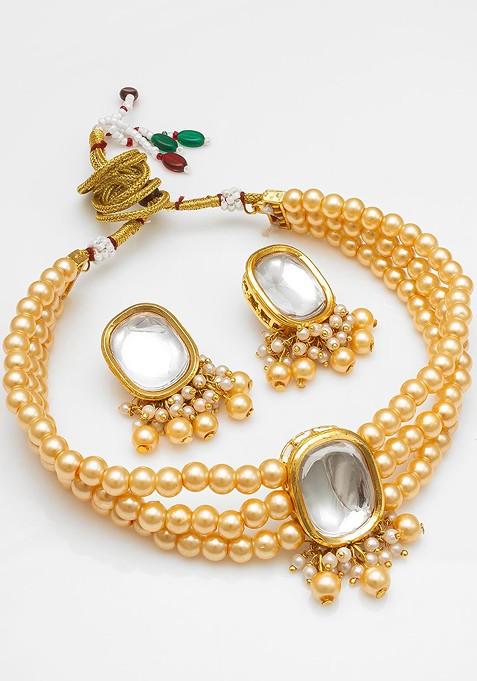 Gold Plated Artificial Stones Studded And Beaded Necklace And Earrings