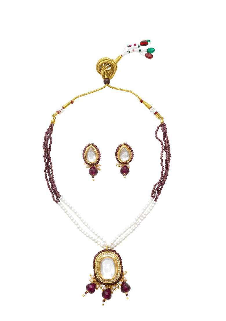 Gold Plated Kundan And Pearls Stone Studded And Beaded Jewellery Set - Indya