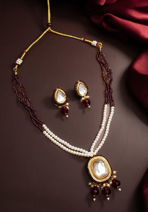 Gold Plated Kundan And Pearls Stone Studded And Beaded Jewellery Set