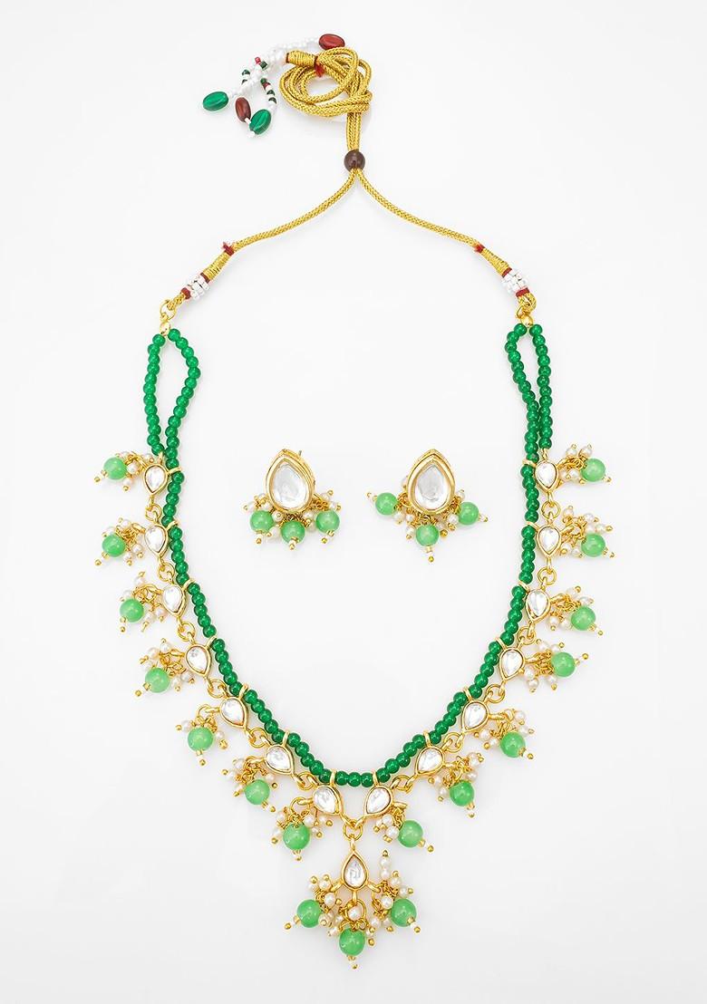 Gold Plated Artificial Stones Studded And Beaded Necklace And Earrings