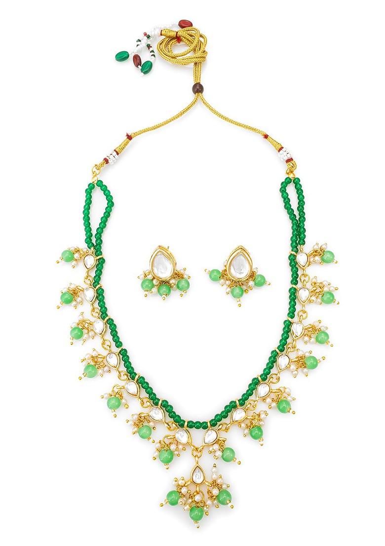 Gold Plated Artificial Stones Studded And Beaded Necklace And Earrings