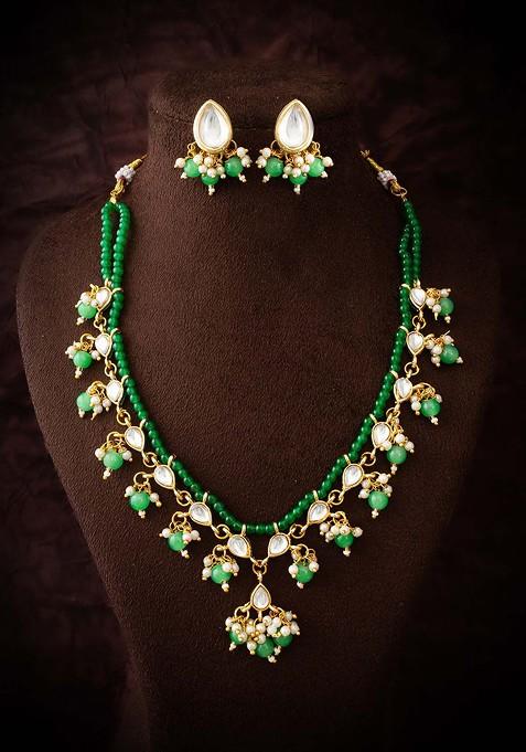 Gold Plated Artificial Stones Studded And Beaded Necklace And Earrings