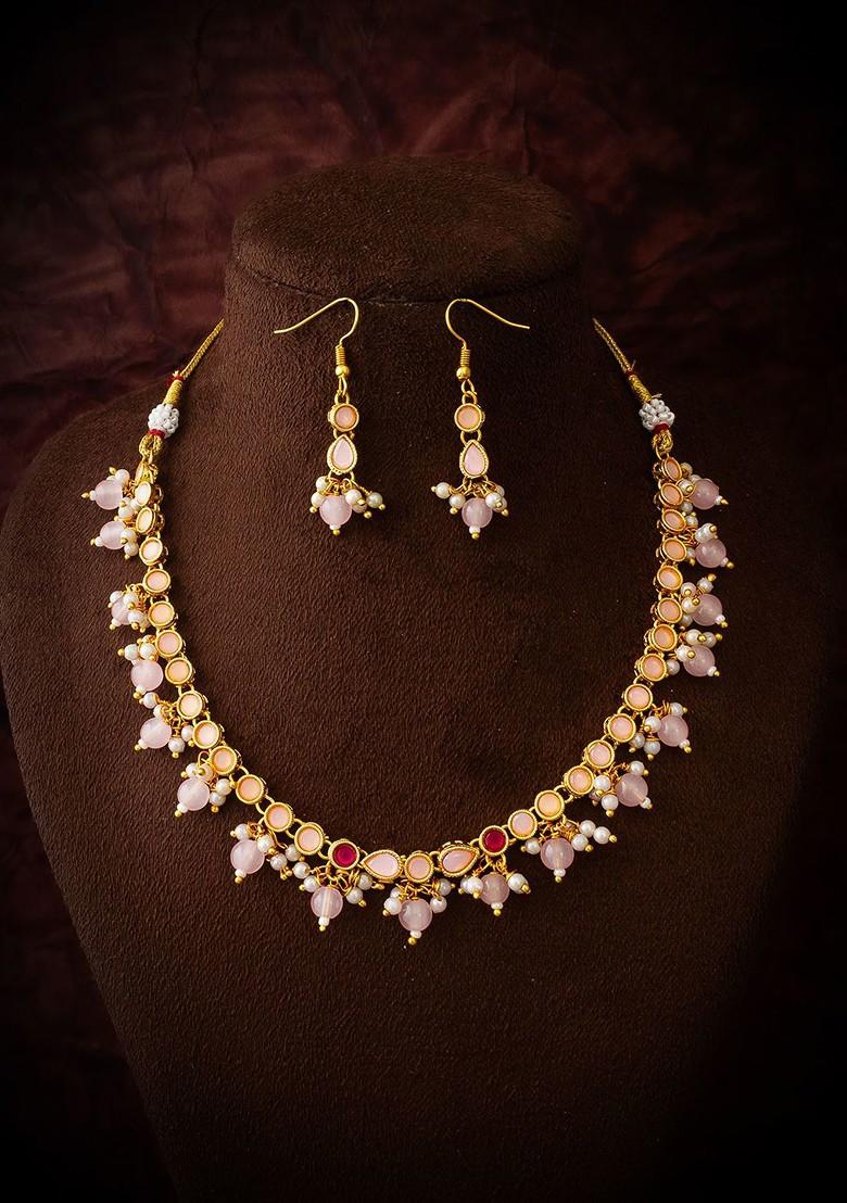 Gold Plated Artificial Stones Studded And Beaded Necklace And Earrings
