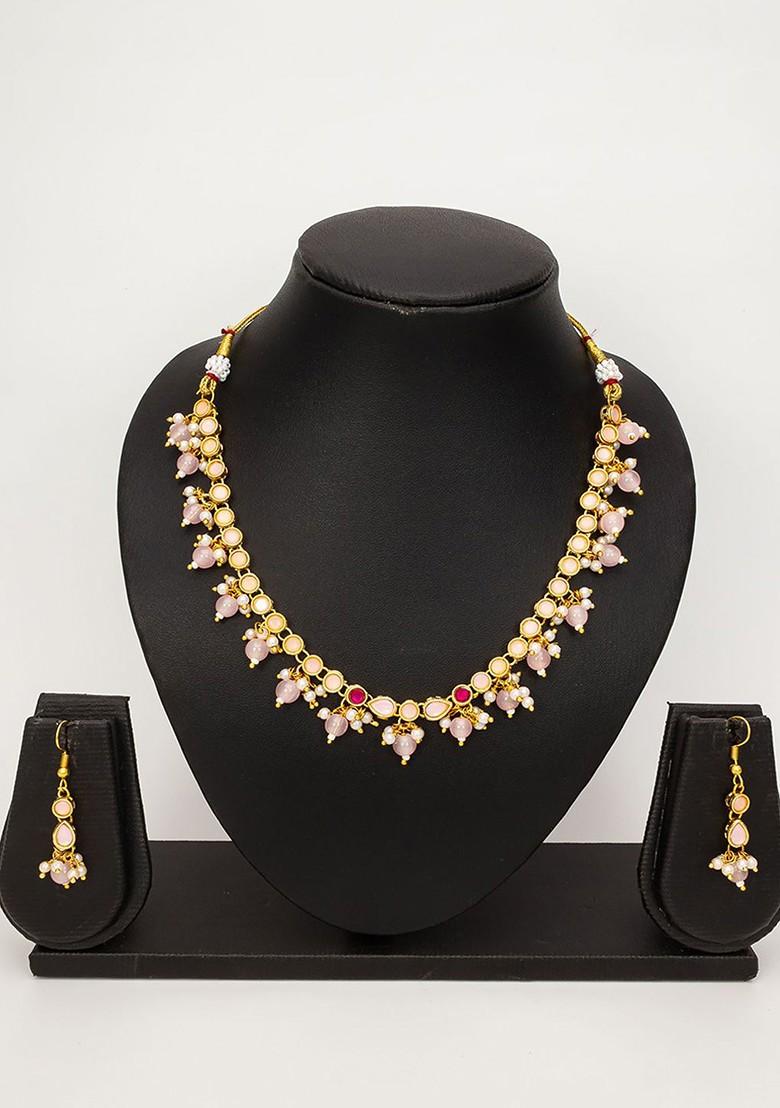 Gold Plated Artificial Stones Studded And Beaded Necklace And Earrings