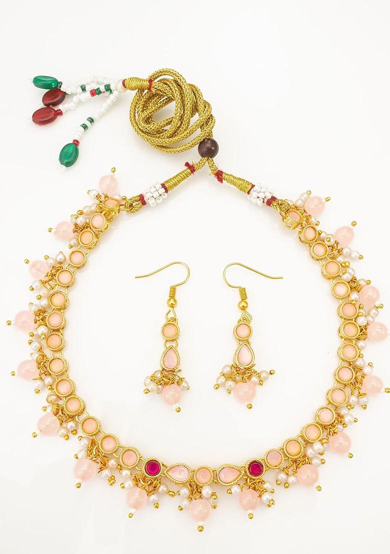 Gold Plated Artificial Stones Studded And Beaded Necklace And Earrings