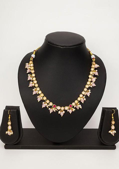 Gold Plated Artificial Stones Studded And Beaded Necklace And Earrings