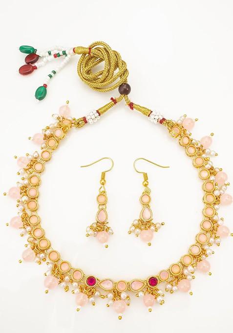 Gold Plated Artificial Stones Studded And Beaded Necklace And Earrings