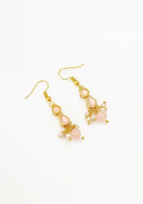 Gold Plated Artificial Stones Studded And Beaded Necklace And Earrings