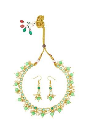 Gold Plated Artificial Stones Studded And Beaded Necklace And Earrings