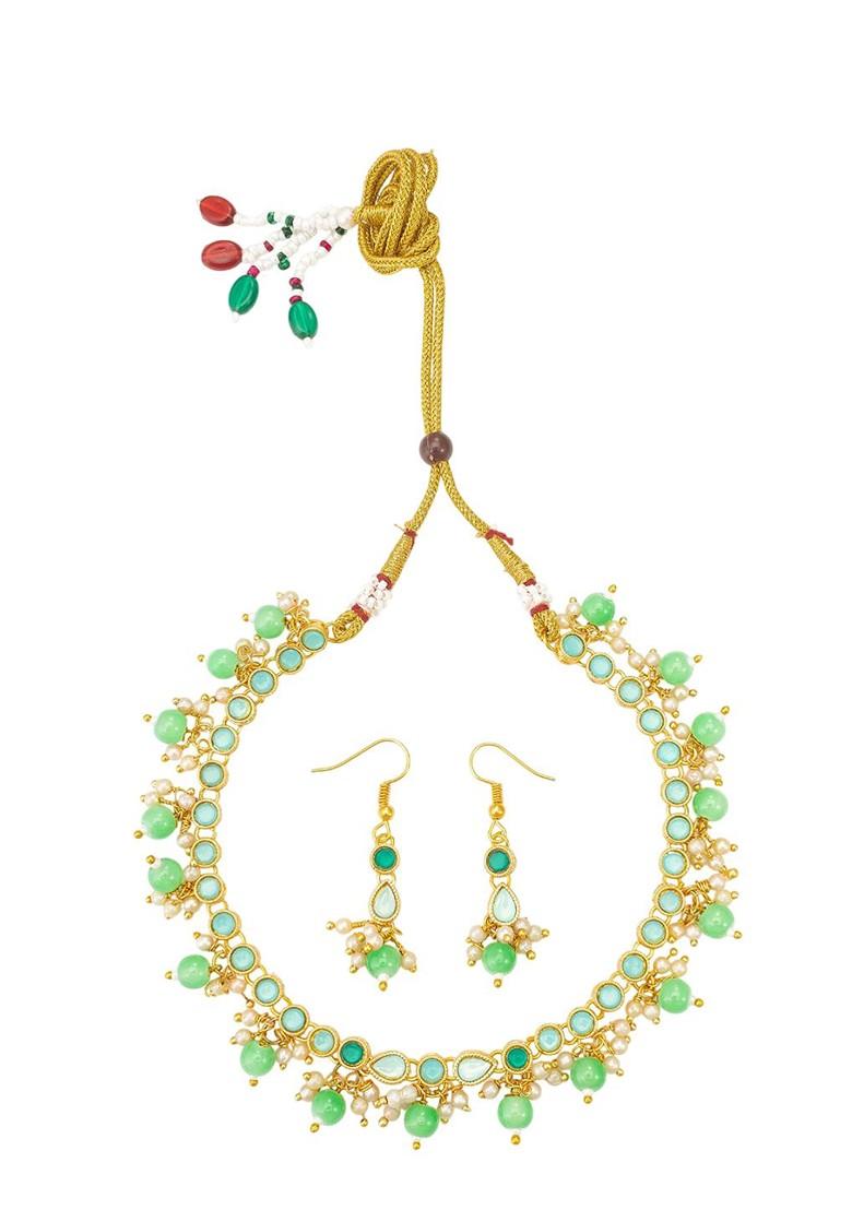 Gold Plated Artificial Stones Studded And Beaded Necklace And Earrings