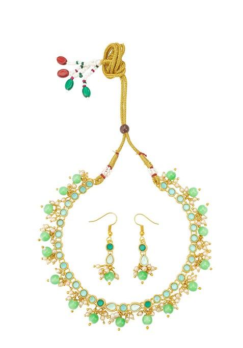 Gold Plated Artificial Stones Studded And Beaded Necklace And Earrings