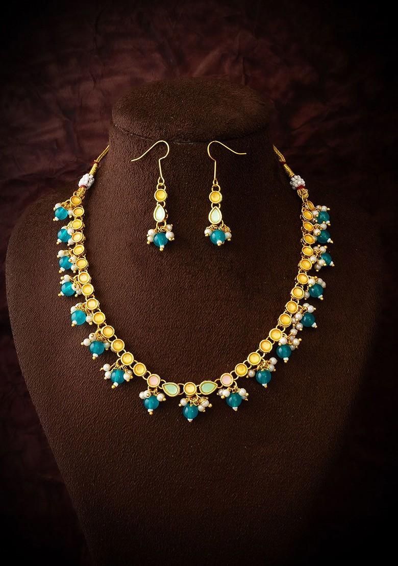 Gold Plated Artificial Stones Studded And Beaded Necklace And Earrings
