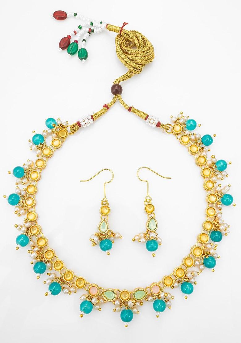 Gold Plated Artificial Stones Studded And Beaded Necklace And Earrings