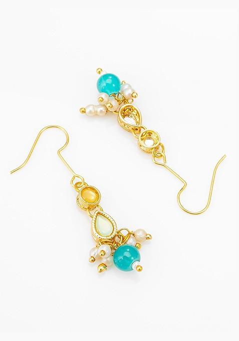 Gold Plated Artificial Stones Studded And Beaded Necklace And Earrings