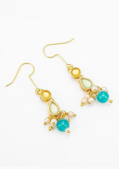 Gold Plated Artificial Stones Studded And Beaded Necklace And Earrings