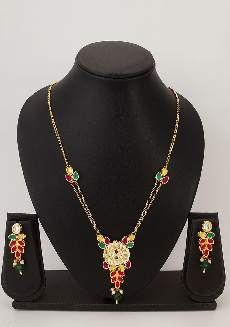 Gold Plated Kundan Studded And Beaded Necklace And Earrings