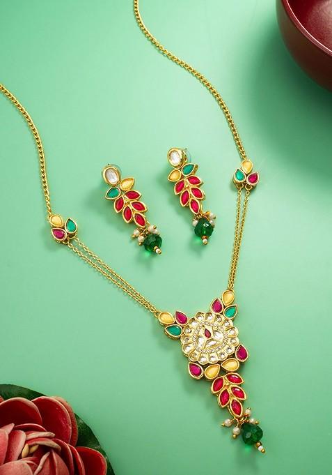 Gold Plated Kundan Studded And Beaded Necklace And Earrings