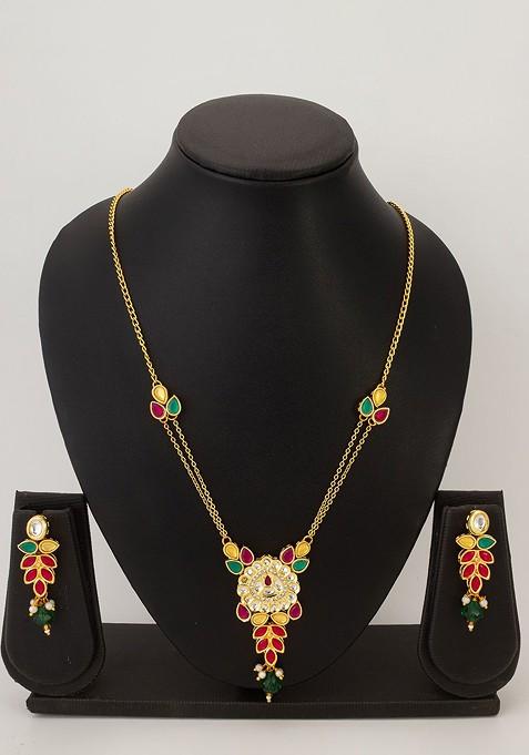 Gold Plated Kundan Studded And Beaded Necklace And Earrings