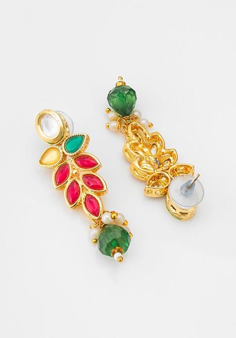 Gold Plated Kundan Studded And Beaded Necklace And Earrings