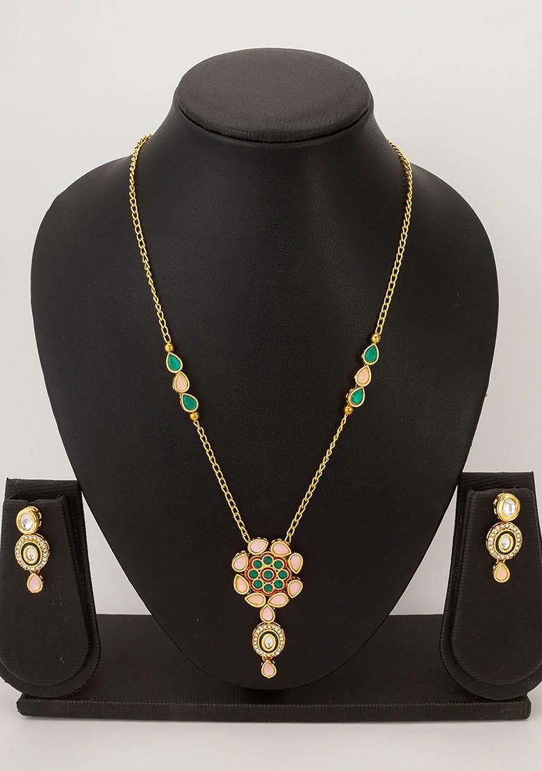 Gold Plated Kundan Studded And Beaded Temple Jewellery Set