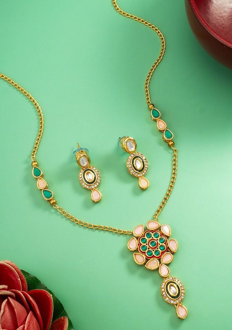Gold Plated Kundan Studded And Beaded Temple Jewellery Set