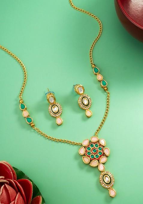 Gold Plated Kundan Studded And Beaded Temple Jewellery Set